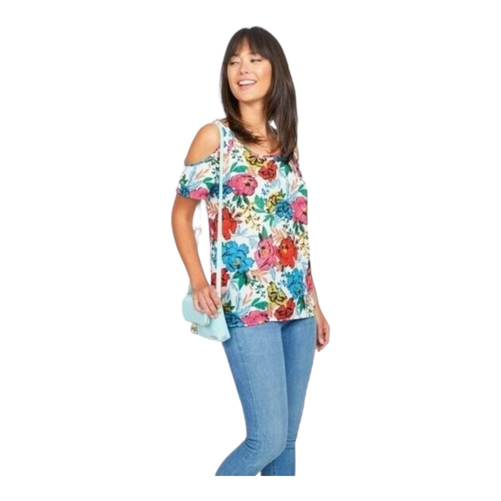 Kut From The Kloth Cold Shoulder Scoop Neck Floral Short Sleeve T-shirt Small